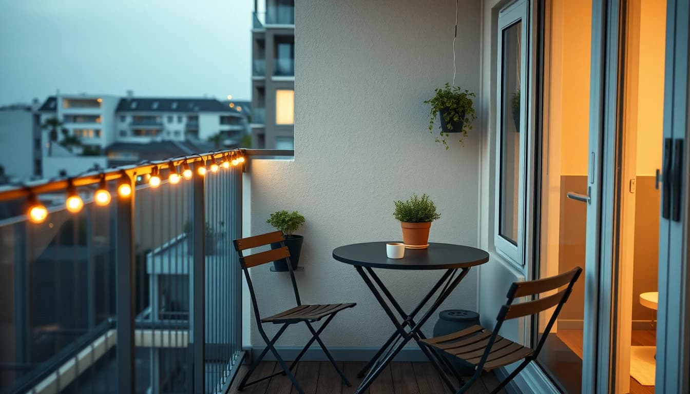 Balkon einer Mietwohnung am Abend mit Lichterkette an einer Klemmschiene statt fester Installation