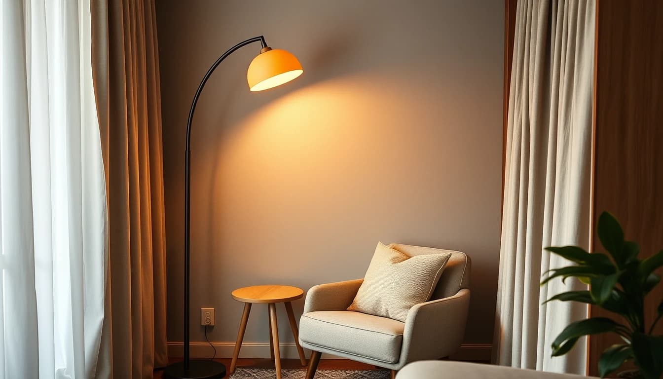 Leseecke in einer Mietwohnung mit Bogenlampe und Klemmstange statt fester Beleuchtung