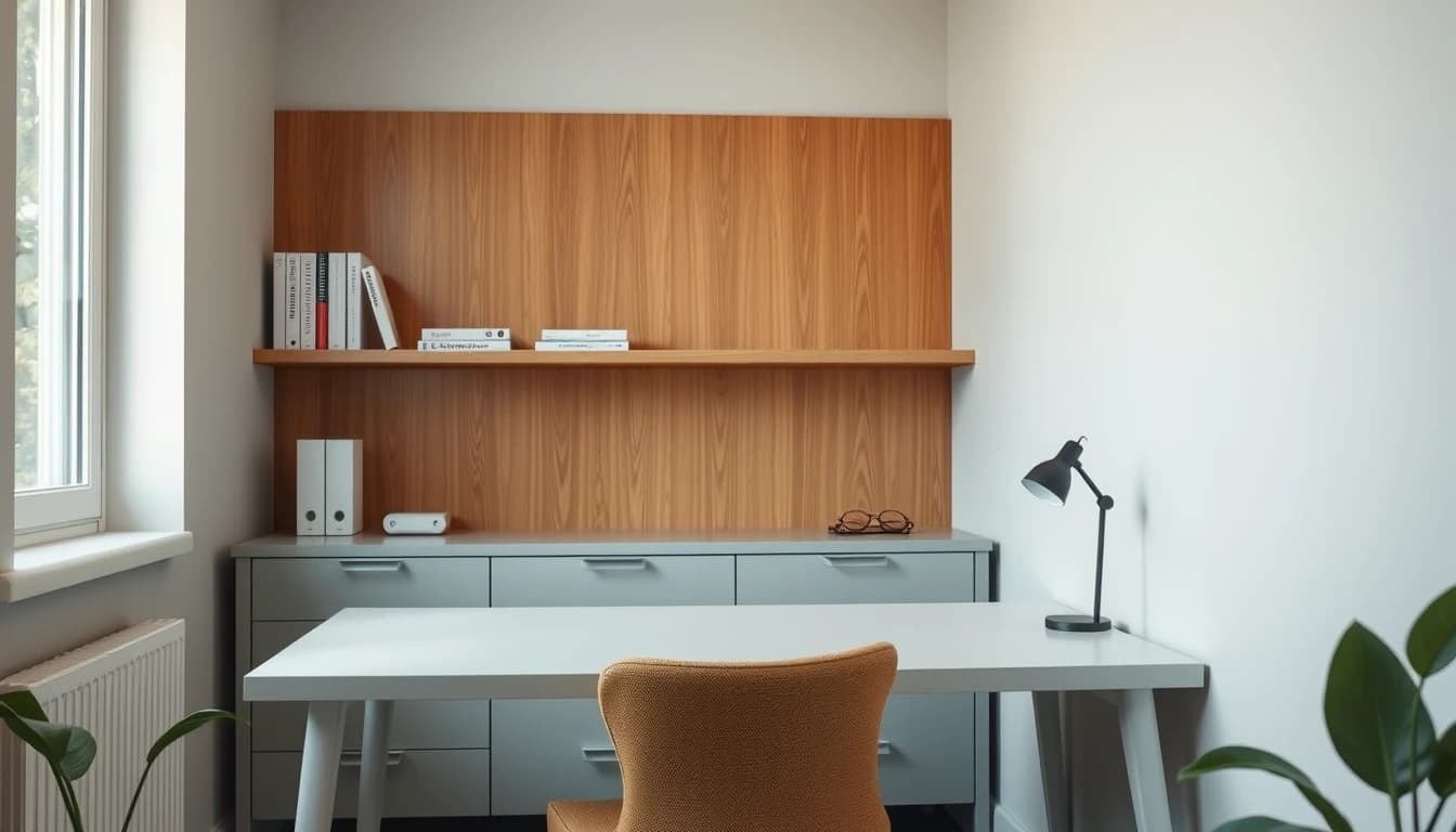 Aufgeräumte Home-Office-Ecke mit freier Schreibtischfläche vor dem Fotografieren für die KI