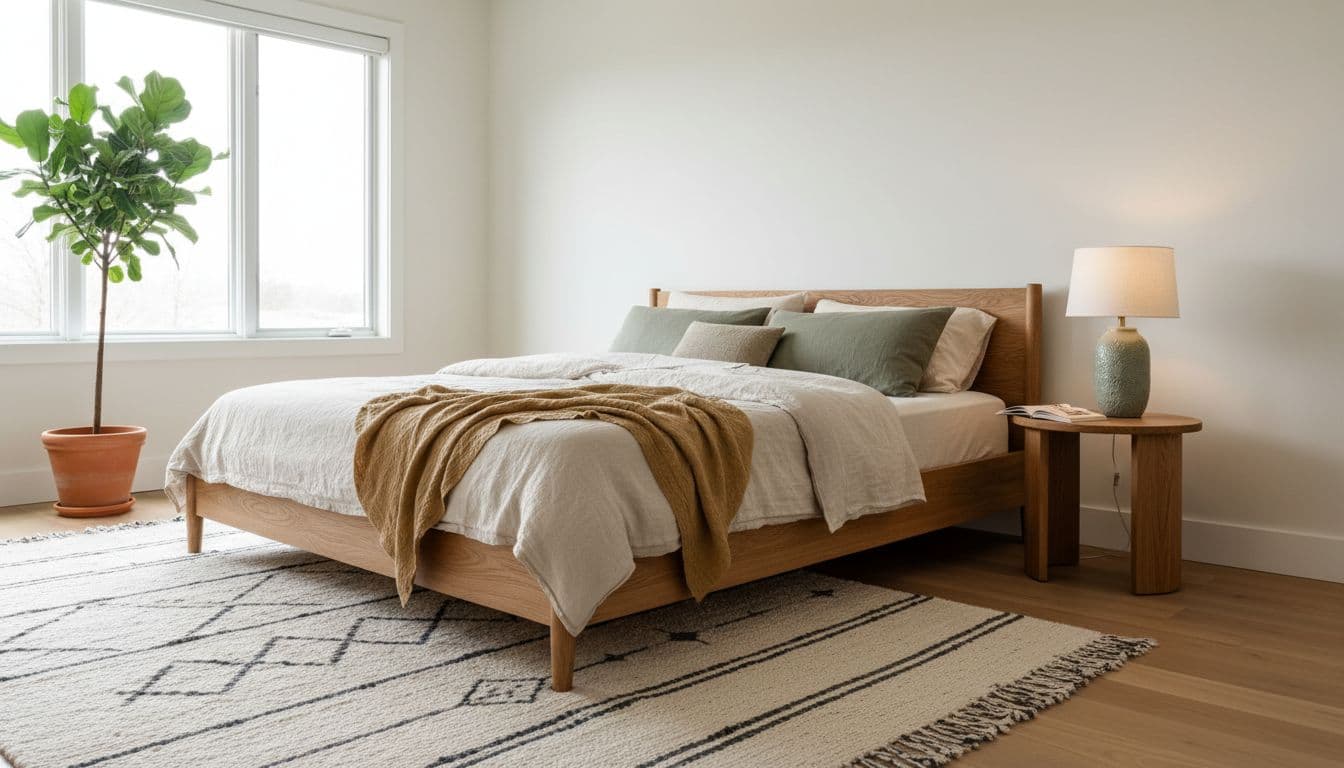 Schlafzimmerecke auf Hüfthöhe fotografiert mit zwei sichtbaren Wänden, Bett und Nachttisch im Bild
