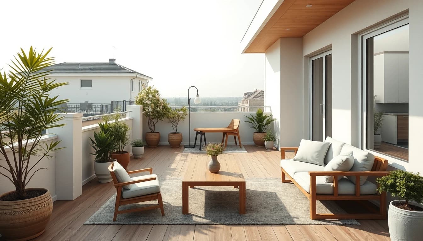 Terrasse im Querformat bei Tageslicht fotografiert mit geradem Horizont für die Raumgestaltung mit KI im Außenbereich