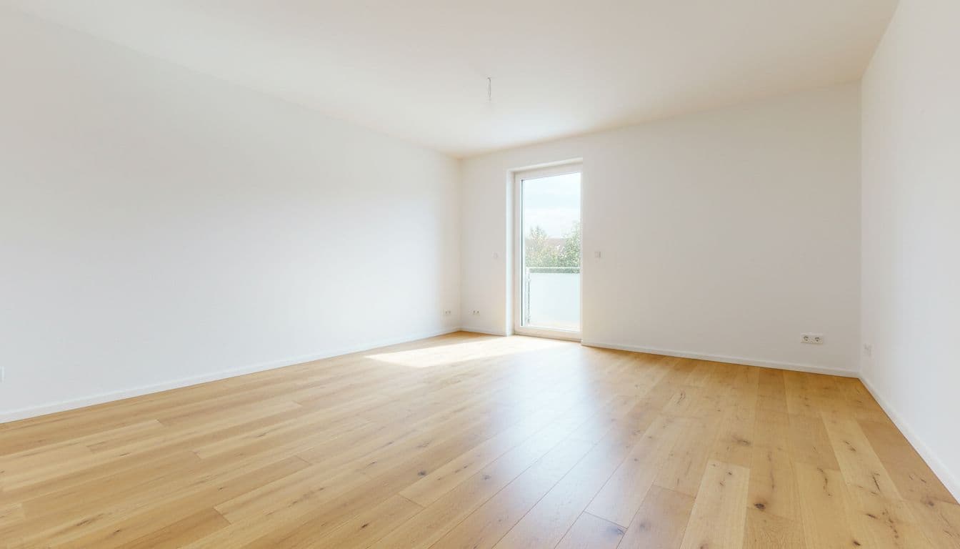 Leeres, helles Wohnzimmer vor dem Virtual Staging mit KI, bereit für die digitale Möblierung im Exposé