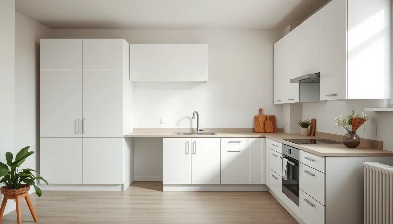 Leere, aufgeräumte Küche ohne Möbel als typisches Ausgangsfoto für die digitale Möblierung vor dem virtuellen Staging