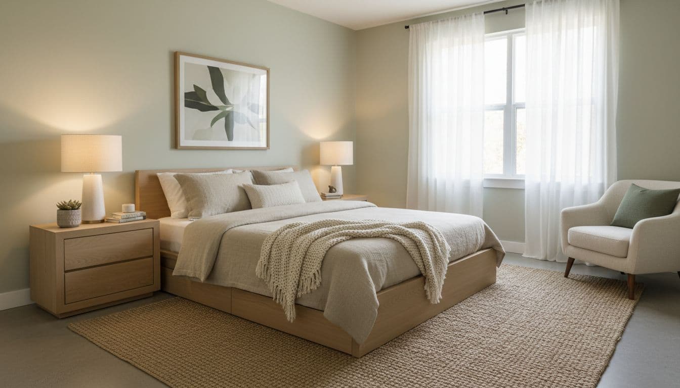 Helles Schlafzimmer nach der digitalen Möblierung mit Bett, Nachttischen und Textilien für ein Immobilien-Exposé