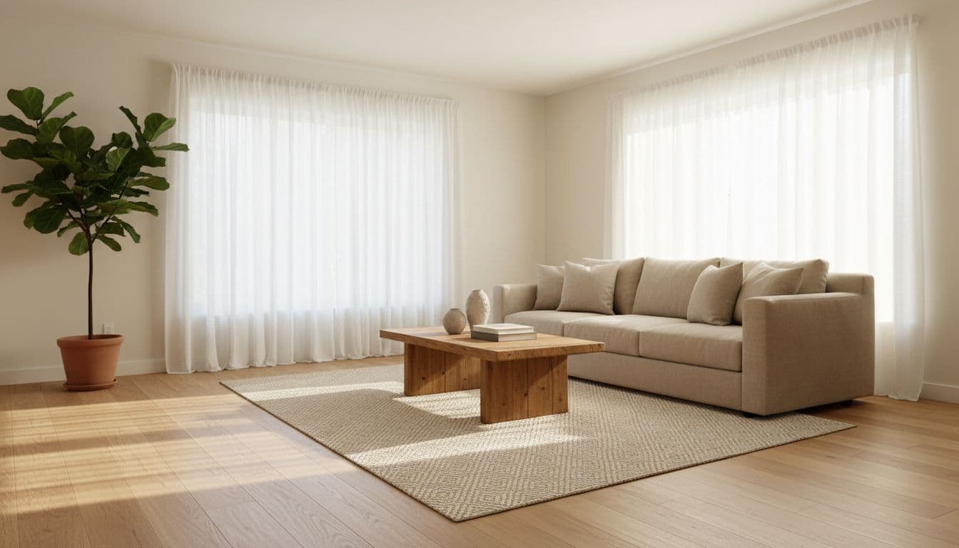 Modern möbliertes Wohnzimmer nach der digitalen Möblierung mit KI, warmes Licht und neutrale Farben für ein Immobilien-Exposé