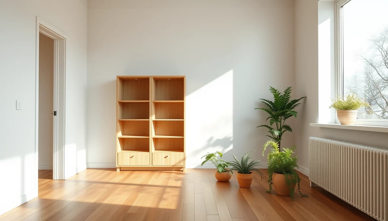 Helles Wohnzimmer mit vielen Zimmerpflanzen, Naturholzmöbeln und großen Fenstern als Beispiel für biophiles Design
