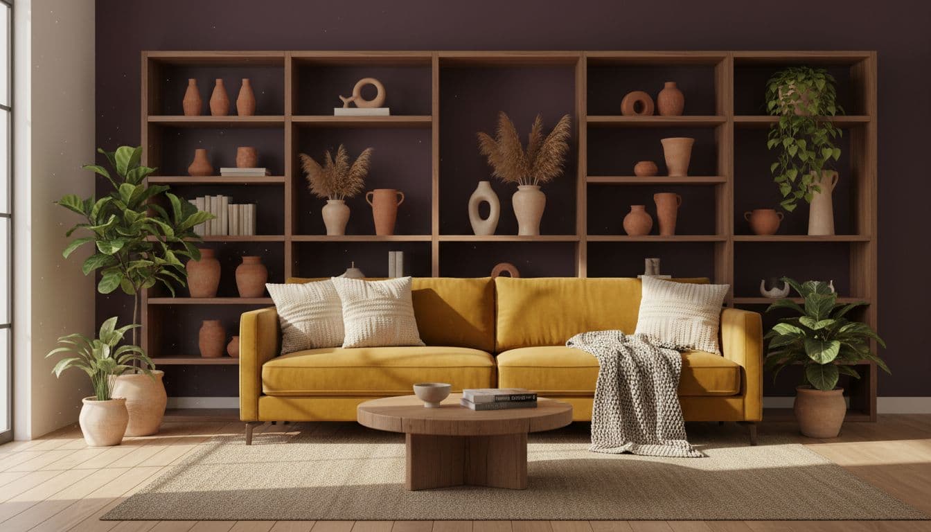 Wohnzimmer mit auberginefarbener Akzentwand, senfgelbem Sofa und Nussbaumholz-Möbeln im Stil der Wohntrends 2027