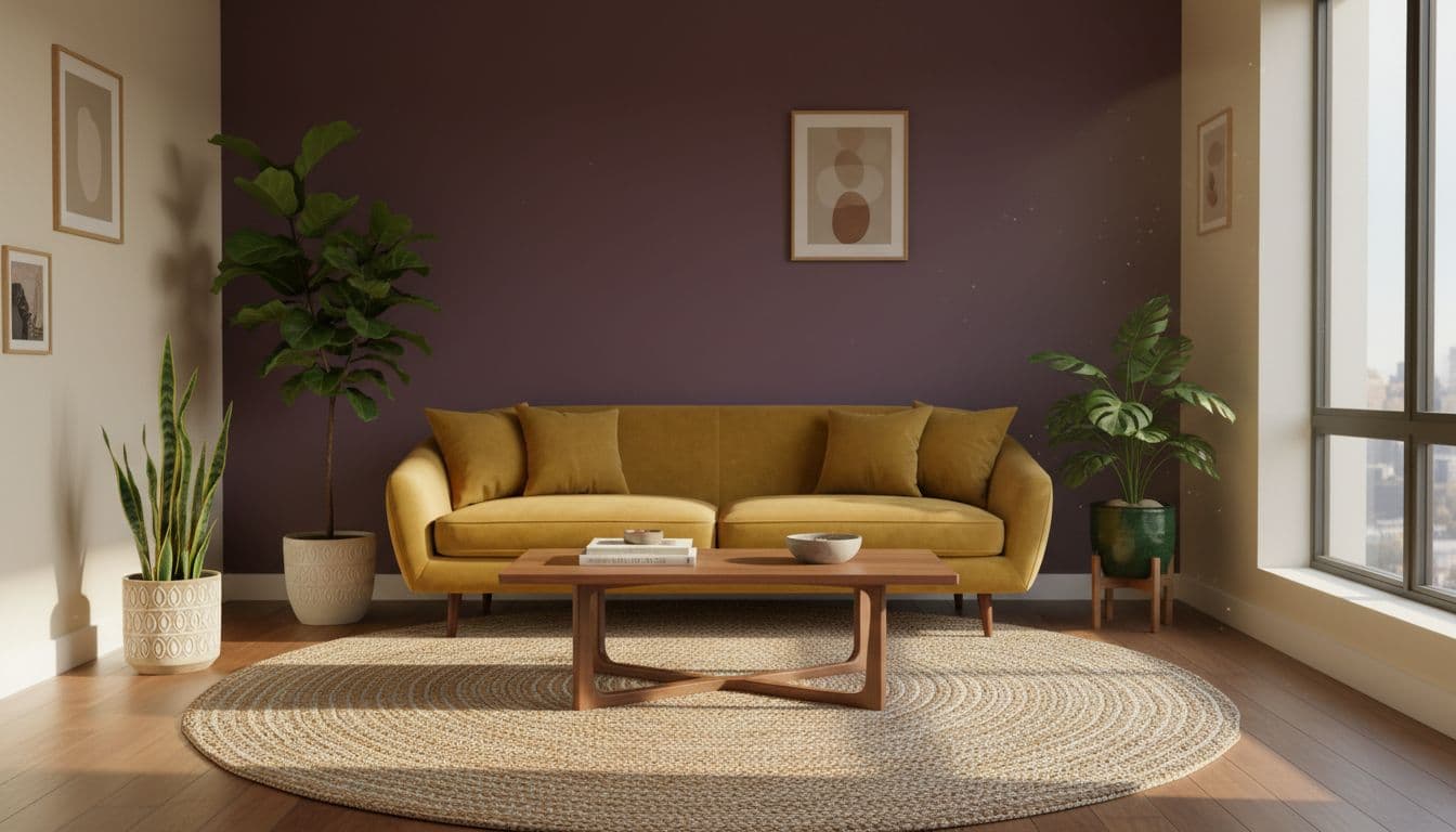 Wohnzimmer im Stil der Wohntrends 2027 mit warmen Erdtönen, geschwungenem Sofa, viel Grün und natürlichem Licht
