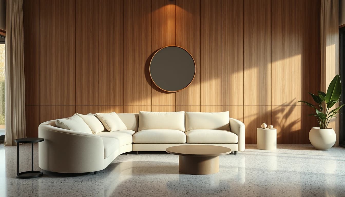Wohnzimmer mit geschwungenem Bouclé-Sofa, Terrazzoboden und rundem Spiegel als Beispiel für die Wohntrends 2027