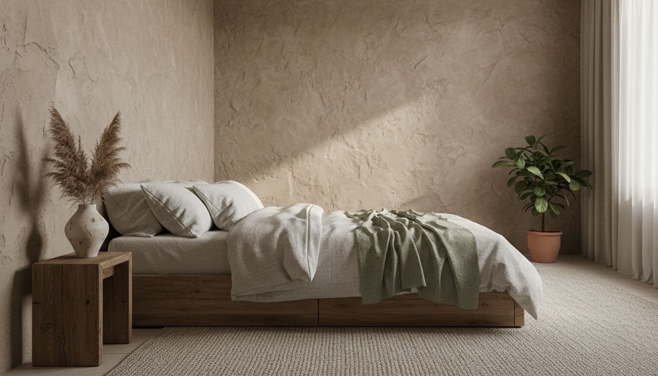 Schlafzimmer im Wabi-Sabi Stil mit Lehmputzwand, handgetöpferter Vase und grob gewebter Bettwäsche