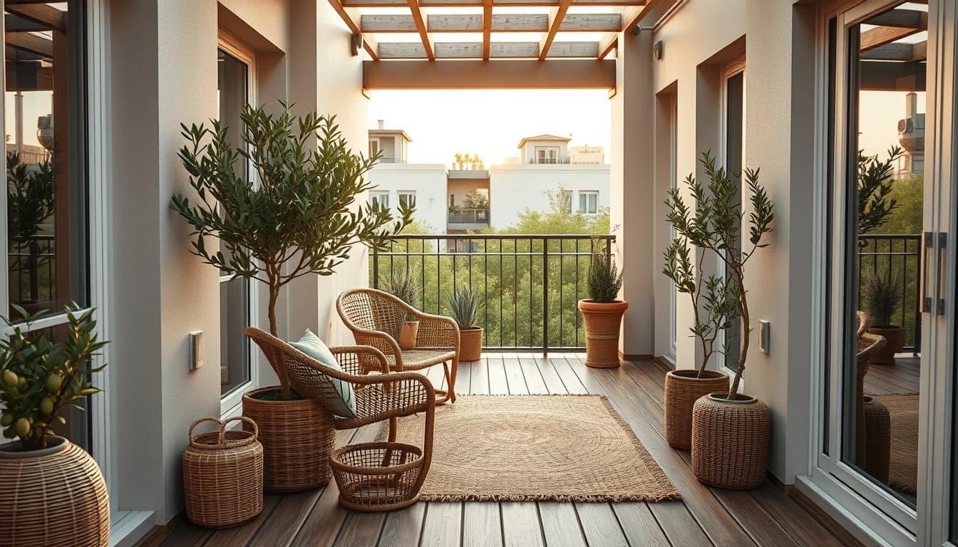 Balkon mit Holzdielen, Rattanmöbeln und Pflanzen als letzter Raum im Projekt der Wohnung einrichten App