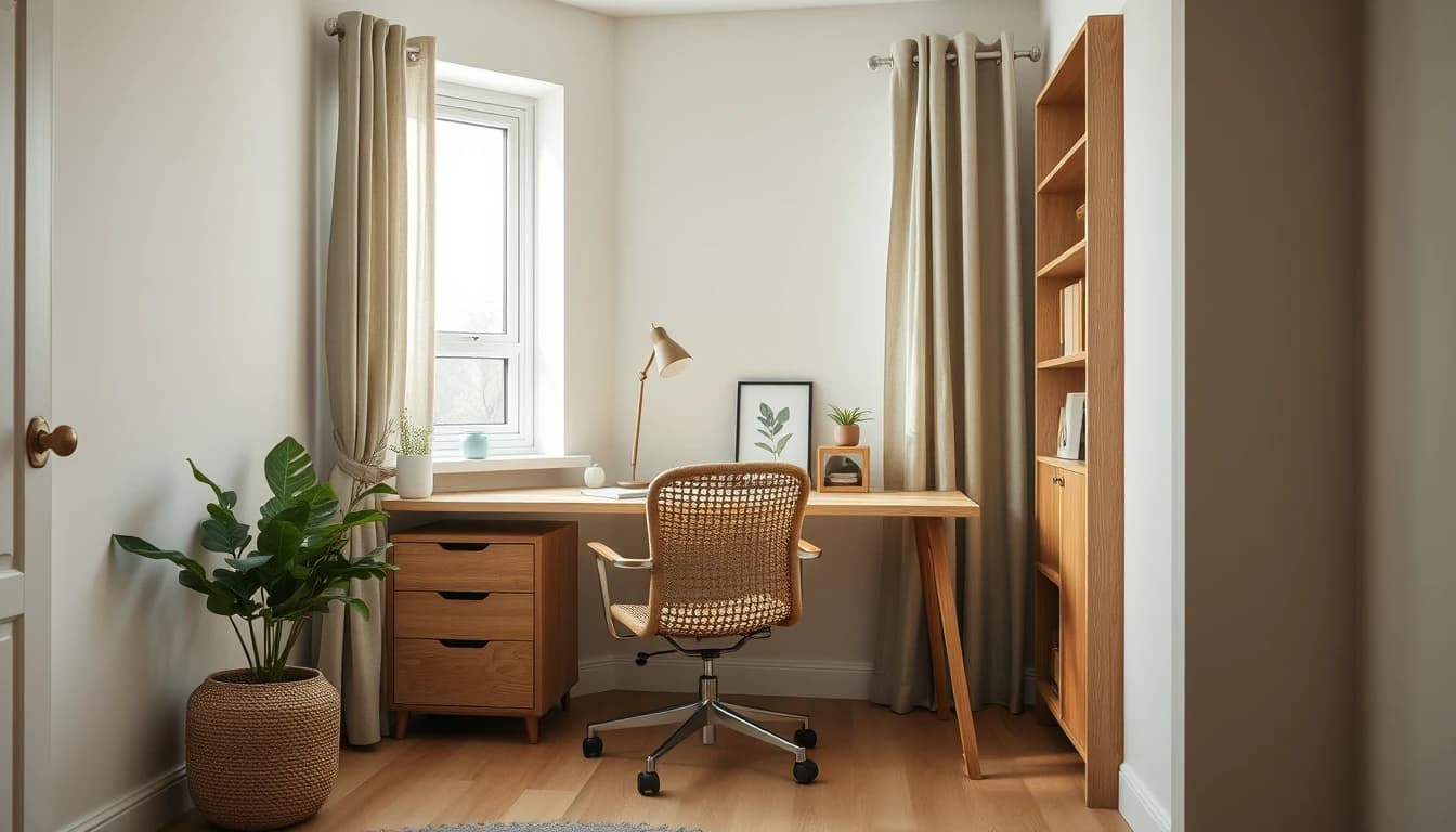 Kompaktes Home-Office in einer Fensternische, geplant als Teil eines ganzen Wohnungsprojekts in der App