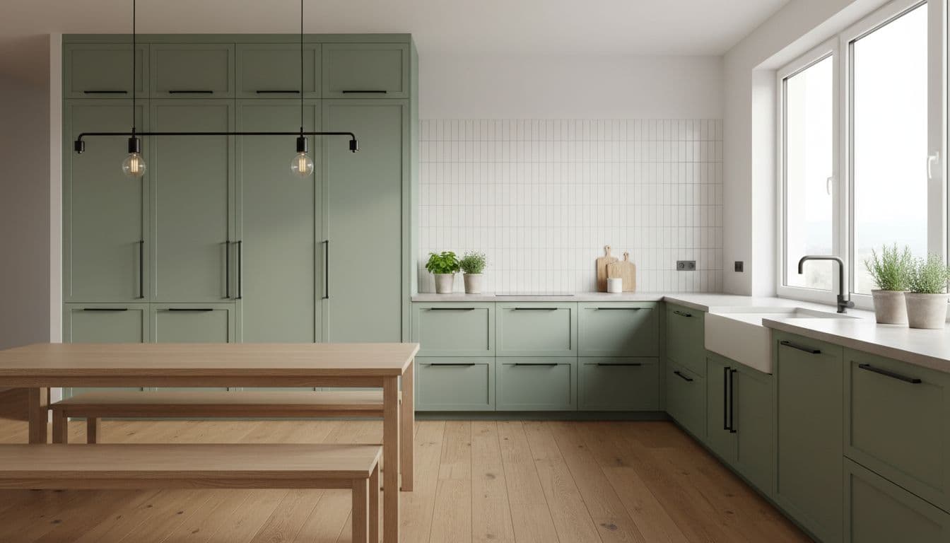 Offene Küche mit Esszimmer in salbeigrünen und Eichentönen, passend zum Moodboard der Wohnung einrichten App