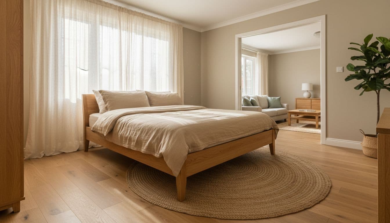 Schlafzimmer mit hellem Eichenbett und warmen Beigetönen, Teil eines Projekts in einer Wohnung einrichten App