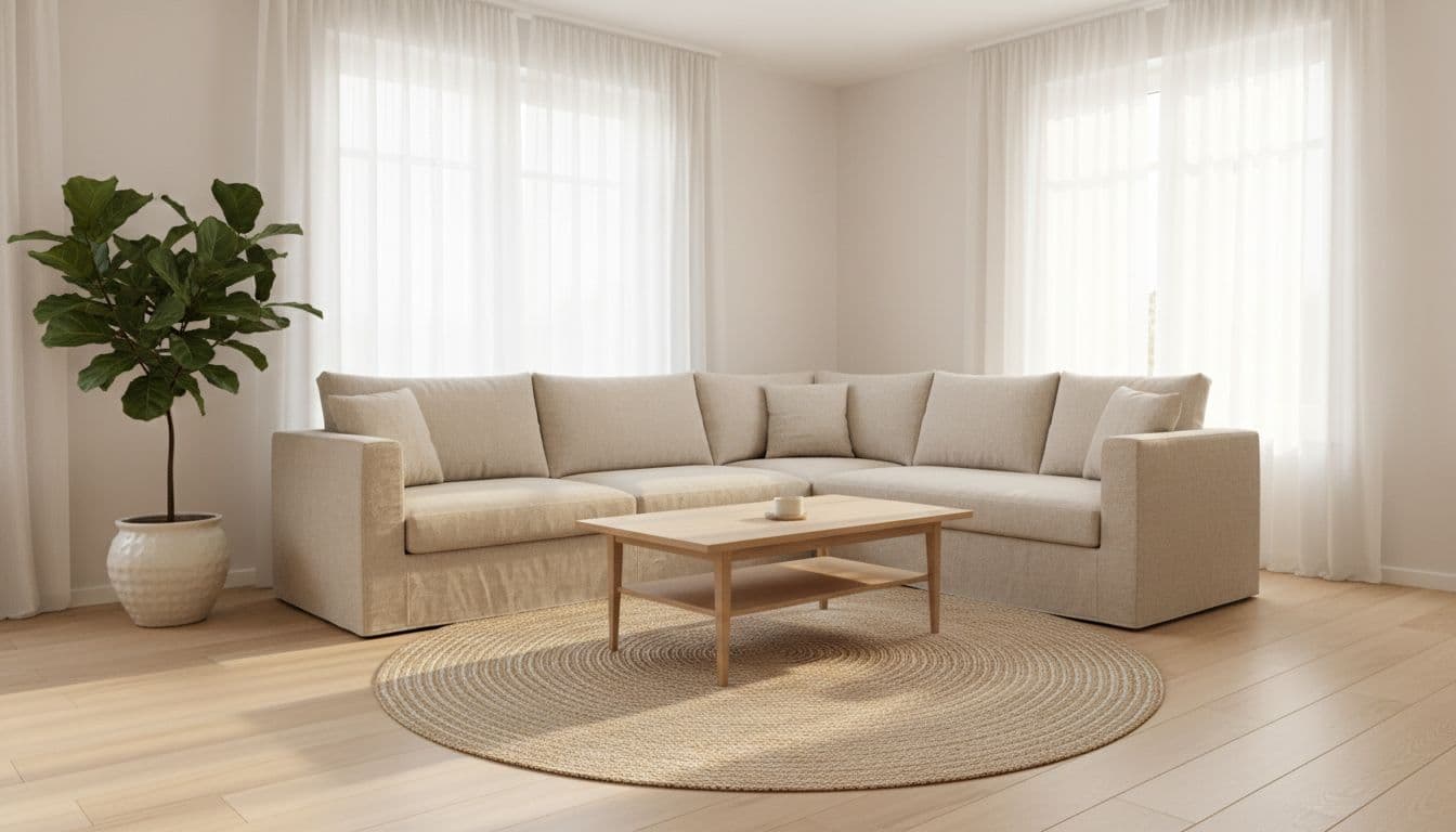 Helles Wohnzimmer mit Leinensofa und Naturholz, eingerichtet mit einer Zimmer einrichten App kostenlos wie DecorAI