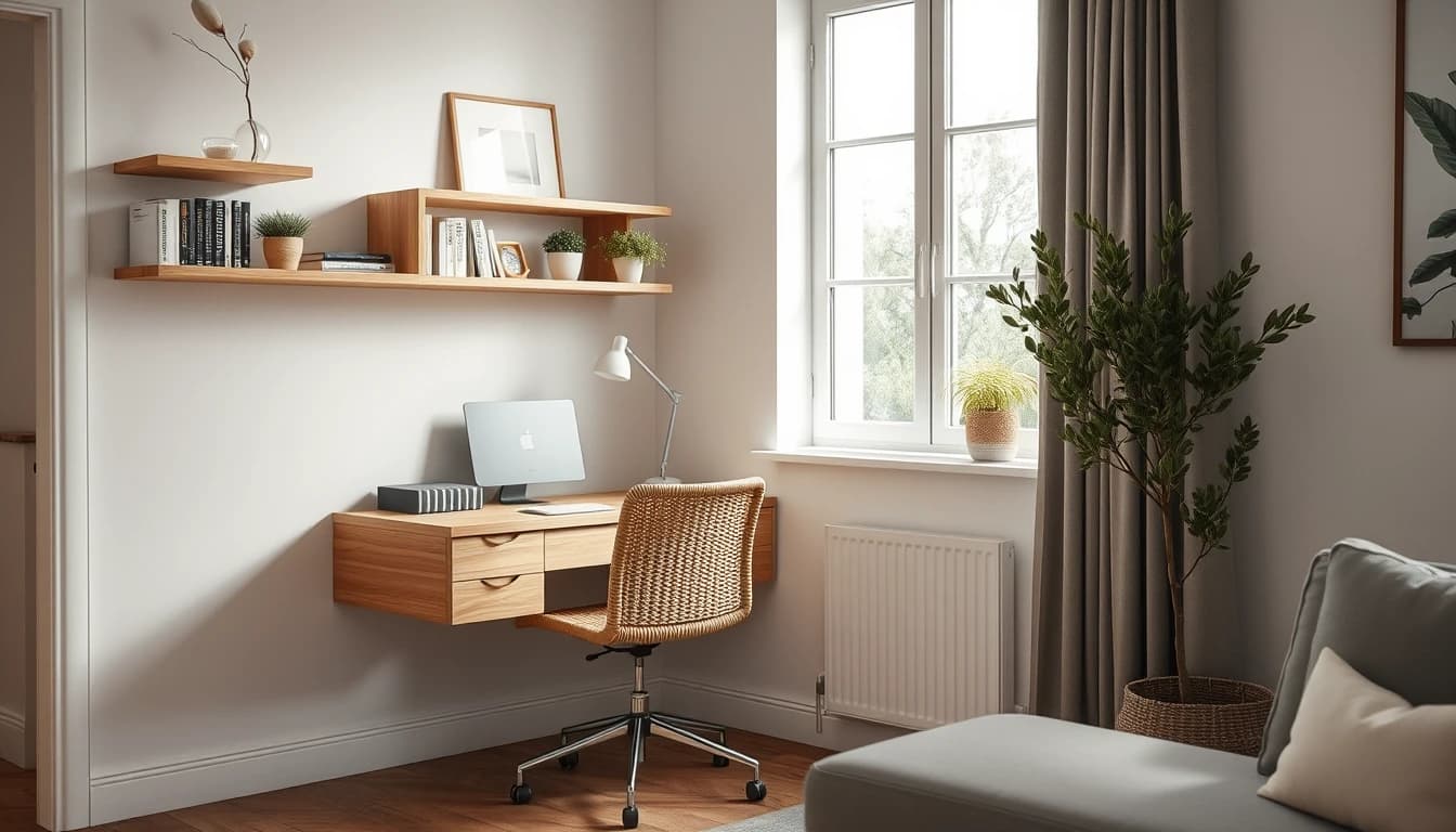 Kompakte Home-Office-Ecke in einem Wohnzimmer mit schwebendem Schreibtisch und Wandregalen, geplant mit einer Zimmer einrichten App