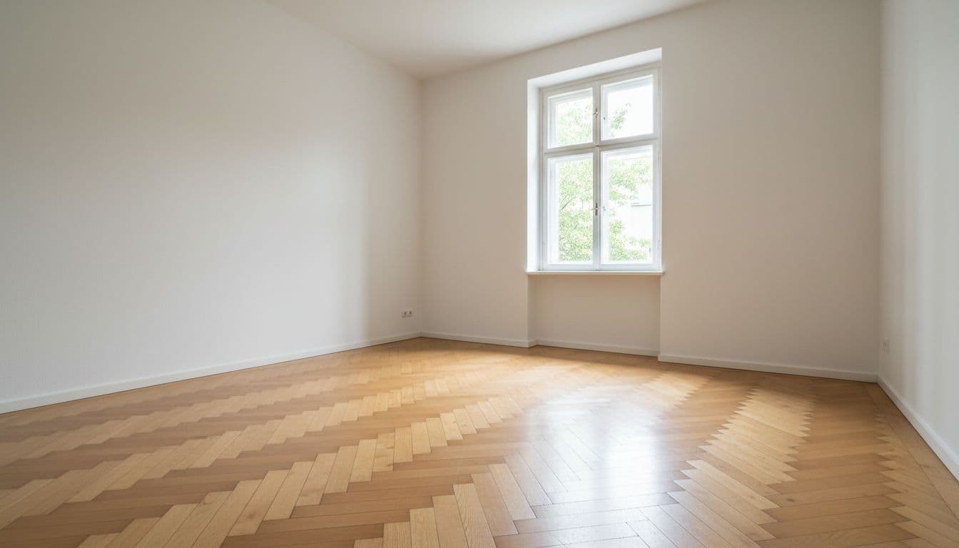 Unmöbliertes Zimmer mit hellem Parkett und großem Fenster, fotografiert aus der Ecke als Ausgangsfoto für eine KI-App