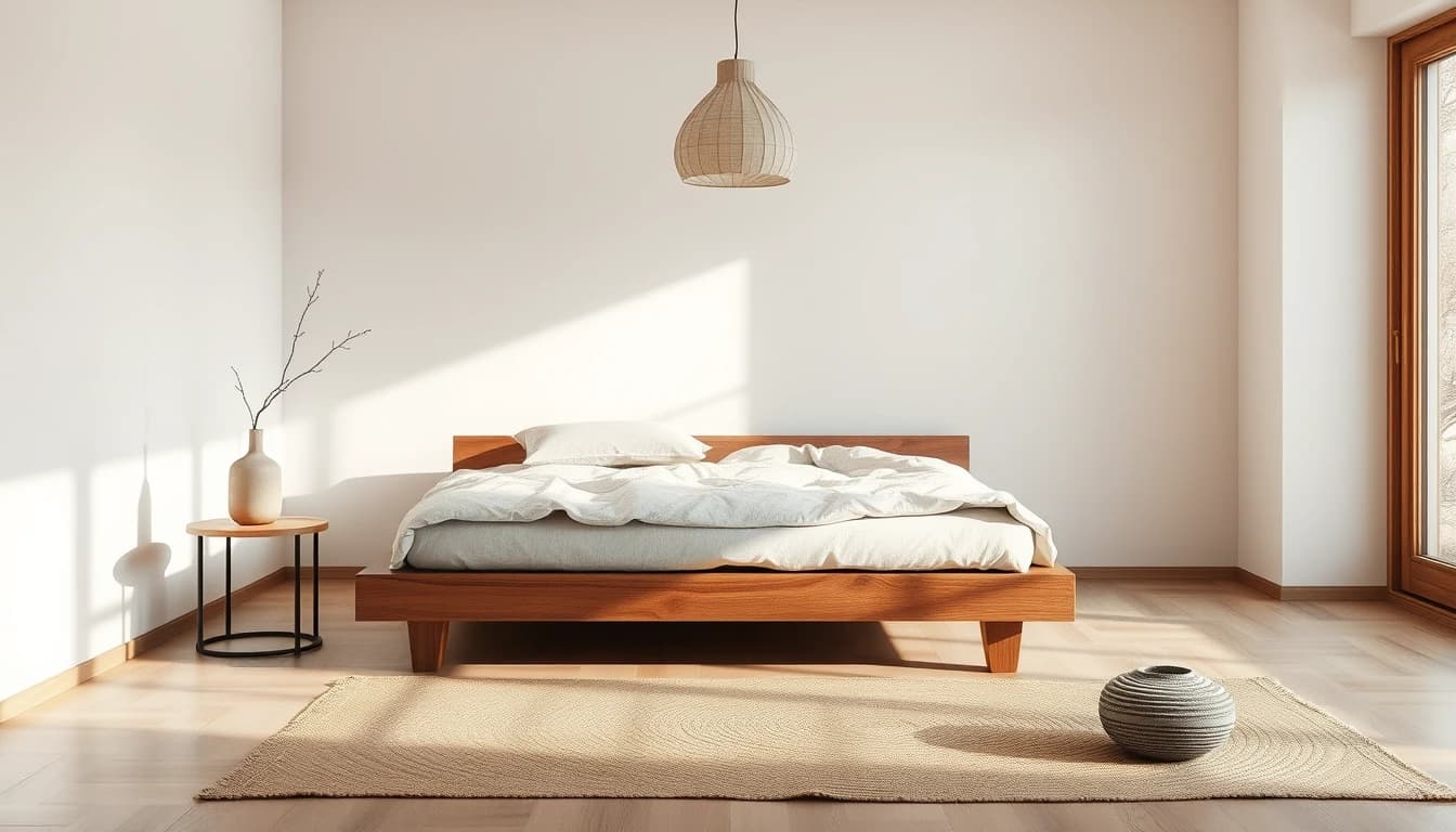 Japandi Schlafzimmer mit niedrigem Holzbett, Leinenbettwäsche und Papierleuchte als Ergebnis einer Zimmer einrichten App