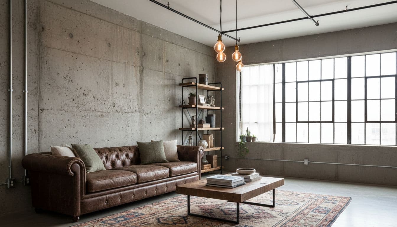 Wohnzimmer im Industrial-Stil mit Sichtbeton-Akzentwand, dunklem Ledersofa und Metallregal
